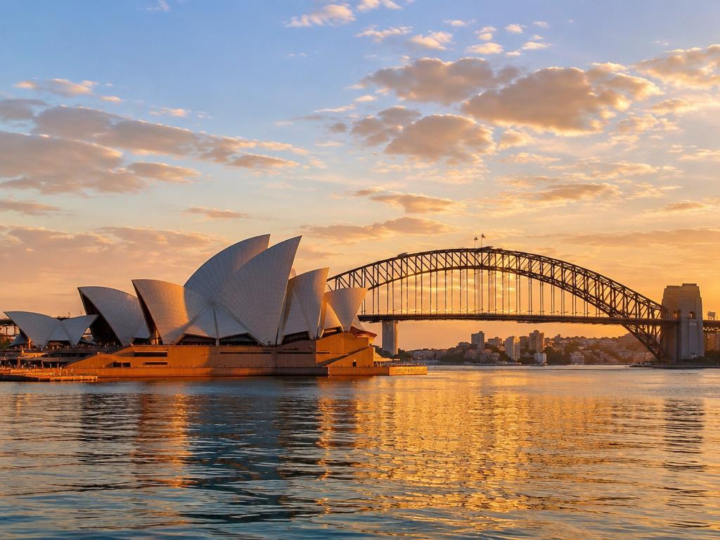 L'Opéra de Sydney et le Harbour Bridge au coucher du soleil, reflétés dans le port