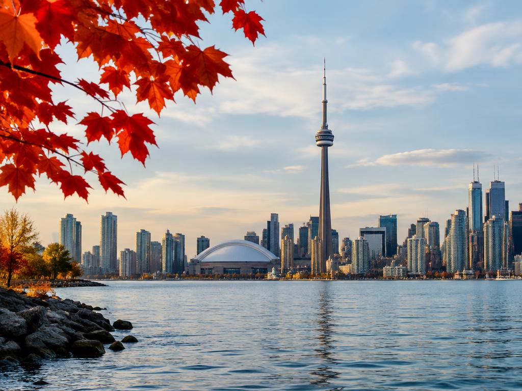 La ligne d'horizon de Toronto et la Tour CN sur le lac Ontario, encadrées de feuilles d'érable rouges