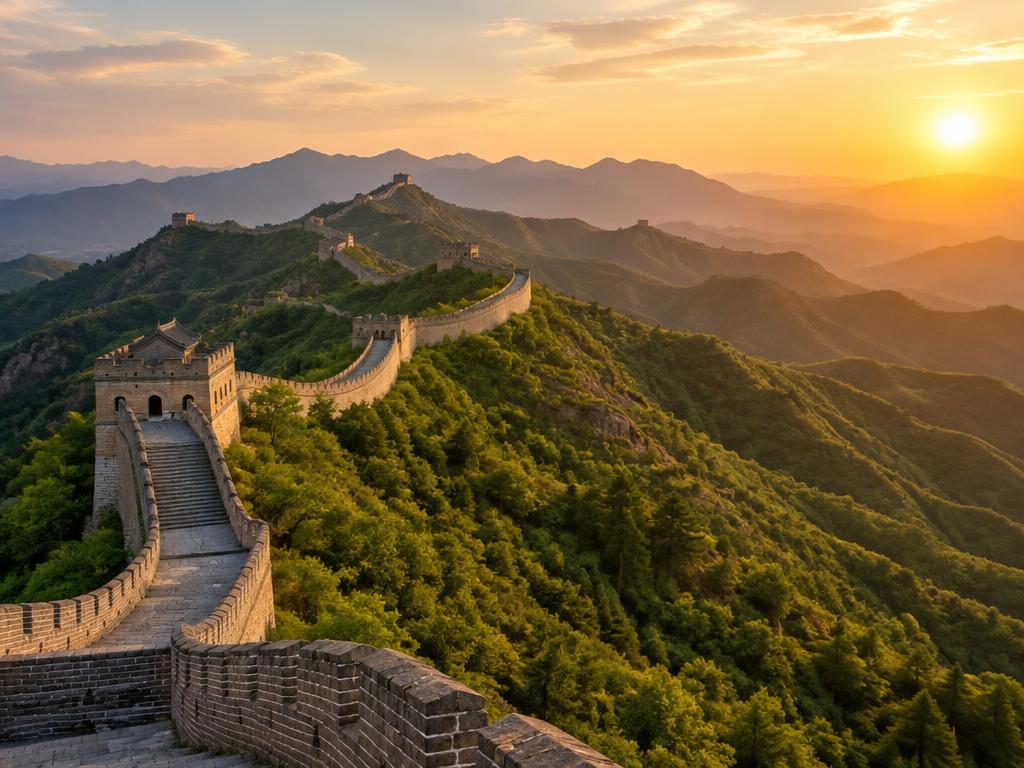 La Grande Muraille de Chine serpentant sur des montagnes verdoyantes au coucher du soleil