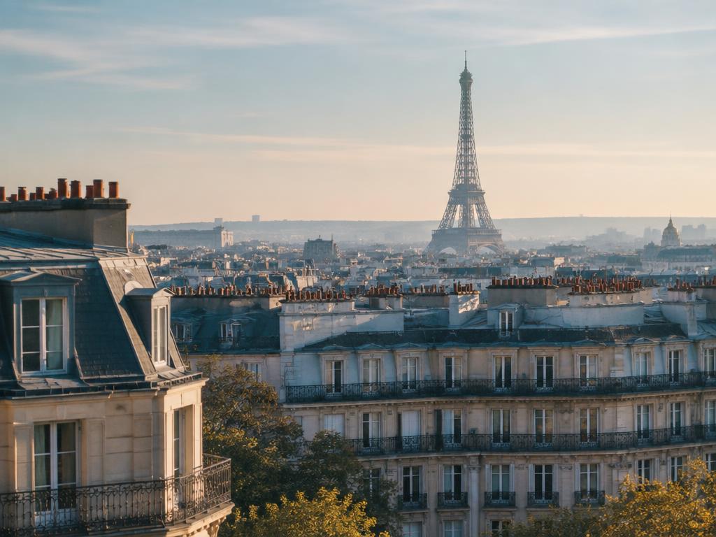 La tour Eiffel au-dessus des toits de Paris dans la lumière du matin