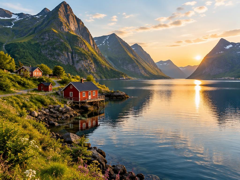 Un fjord norvégien au coucher du soleil avec des maisons rouges en bois sur la rive