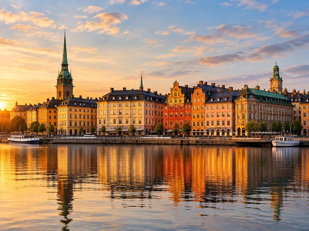 Le front de mer de la vieille ville de Stockholm au coucher du soleil, avec des façades colorées qui se reflètent dans l'eau