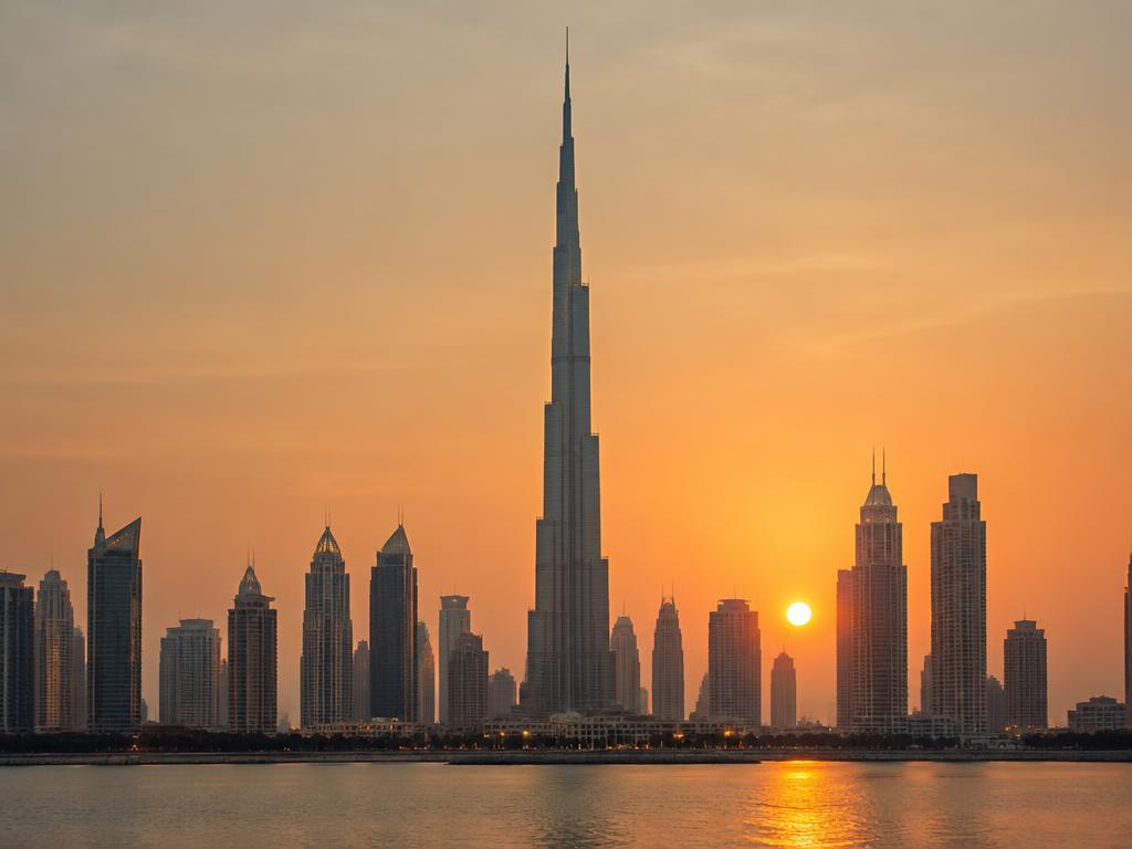 La ligne d'horizon de Dubaï avec la Burj Khalifa au coucher du soleil