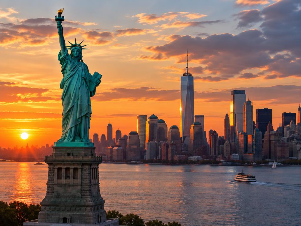 La statue de la Liberté devant la ligne d'horizon de New York au coucher du soleil